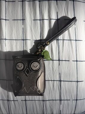 Chala Black and Gray Owl Wristlet Wallet with Green Tag